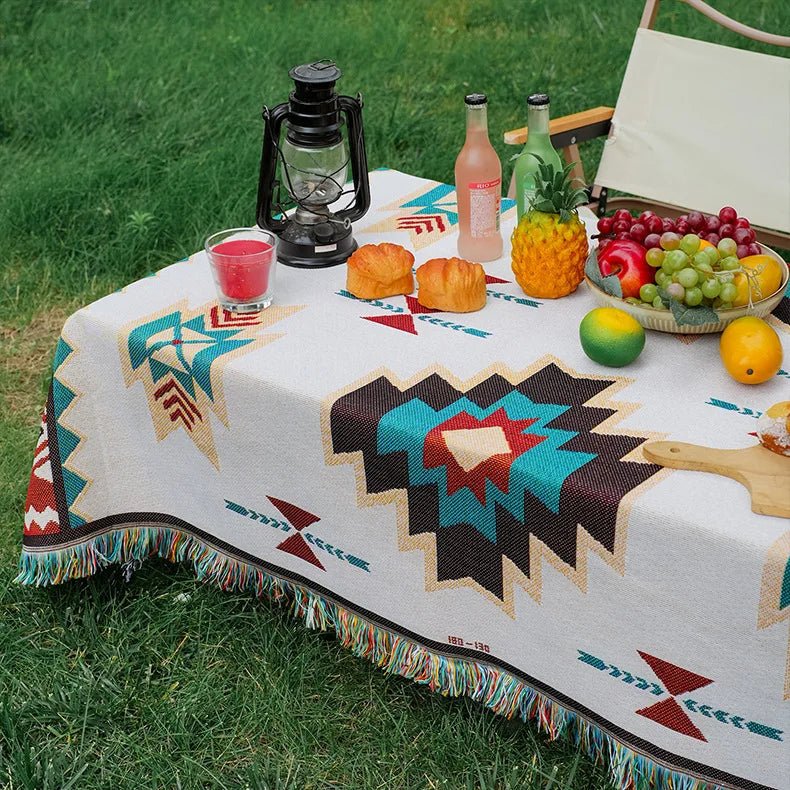 Mantel rectangular colorido estilo bohemio de tela de algodón y lino, mantel de decoración para camping al aire libre con diseño geométrico simple