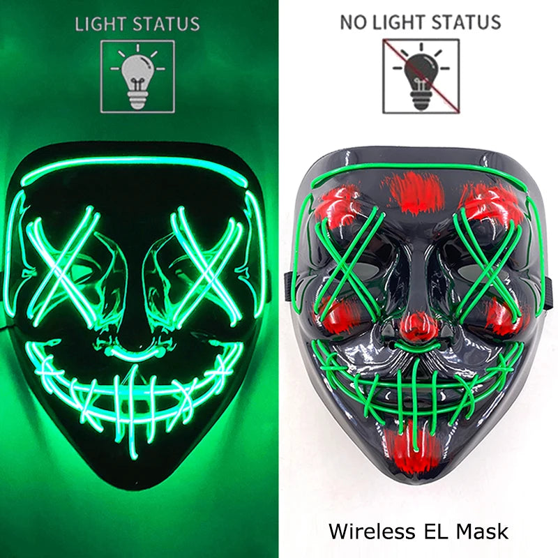 Máscara de purga LED de neón inalámbrica, que brilla en la oscuridad, máscara de cosplay de terror para Halloween, máscaras de fiesta de disfraces, accesorios luminosos divertidos