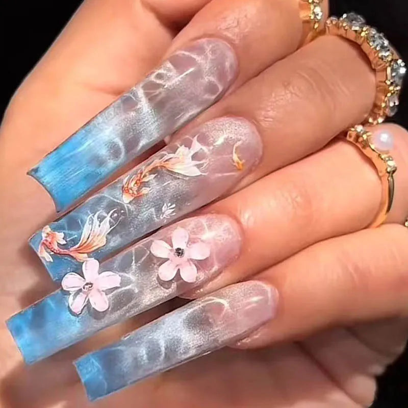24 Uñas postizas largas a presión, de cobertura completa, con diseño de mariposa francesa, forma de ataúd, purpurina, pequeños diamantes, manicura portátil, puntas de uñas artificiales