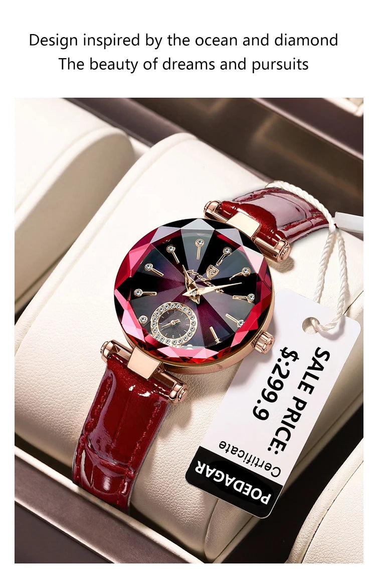 POEDAGAR Relojes de mujer, moda, esfera de diamante, cuero, cuarzo, marca superior de lujo, resistente al agua, reloj de pulsera para mujer, regalo para novia