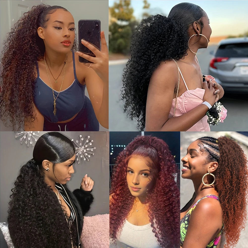 10-24 pouces Afro crépu bouclé queue de cheval avec cordon Cheveux humains 12A Cheveux vierges brésiliens Extensions de cheveux 100 % naturels Couleur naturelle