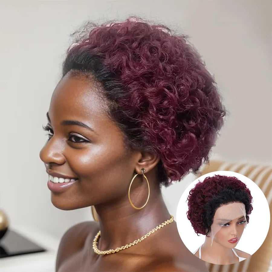 Perruques de Cheveux Humains Bouclés Courts Pixie Cut Ombre T1b/99J 13x1 Transparents HD Dentelle 1B Rouge Perruque Dentelle Pas Cher Utilisation Quotidienne 100% Cheveux Humains 150