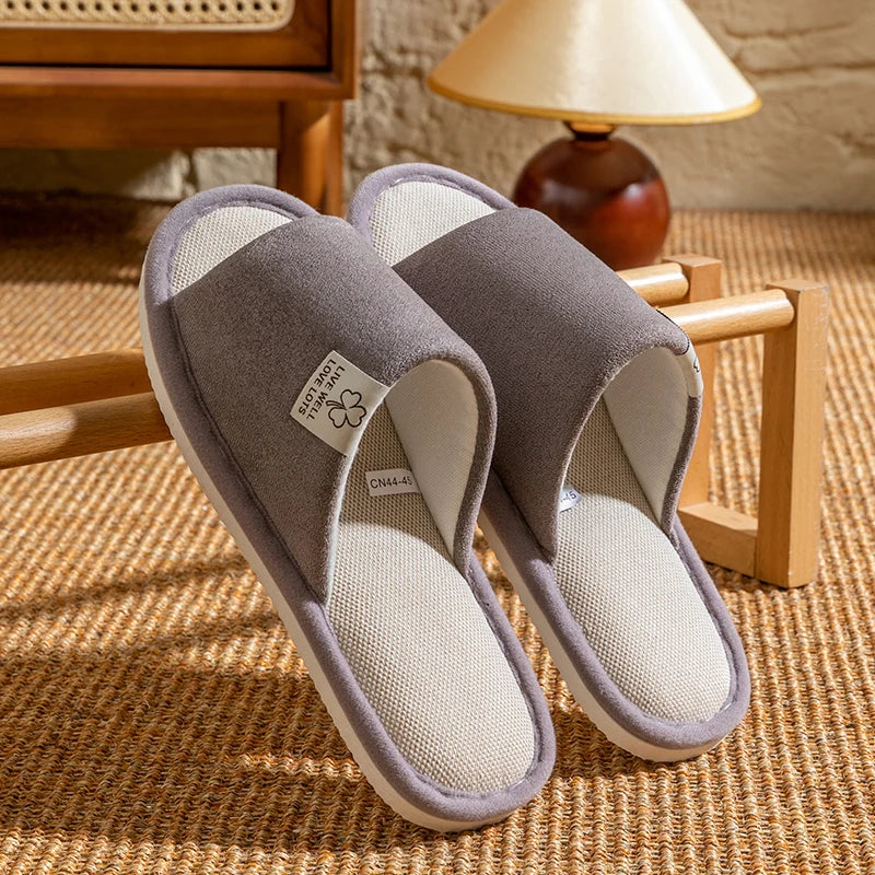 Pantuflas de hombre, antideslizantes de suela blanda para interior, para primavera y verano, de lino para todo el año, cómodas para el hogar