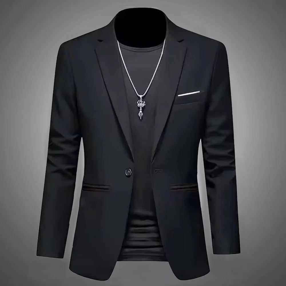 Chaqueta tipo traje boutique de ocio de moda para hombres, informal de otoño, corte ajustado, sin planchado, con un solo botón, color liso, blusa formal