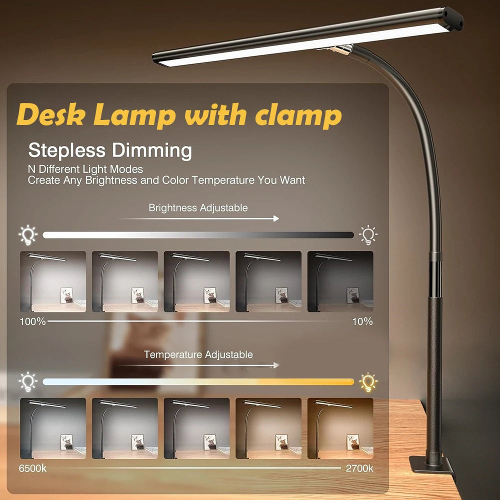Lámpara de escritorio LED de oficina para el hogar, doble cabezal, atenuación continua, luces de lectura que cuidan la vista, 3 modos de color, lámparas de mesa de PC ajustables y flexibles