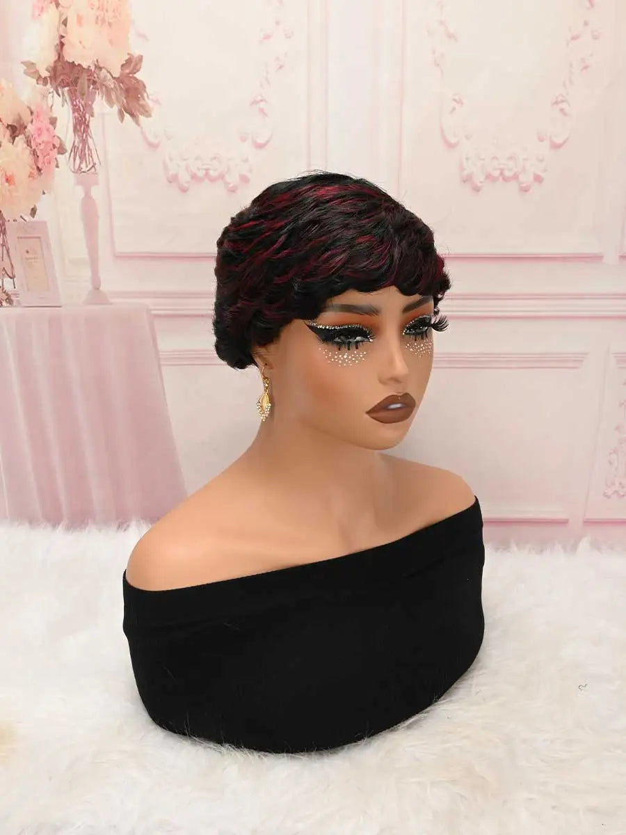 Black Burgundy Highlight Short Curly Pixie Wig Synthetic Bangs Wig For Daily Party