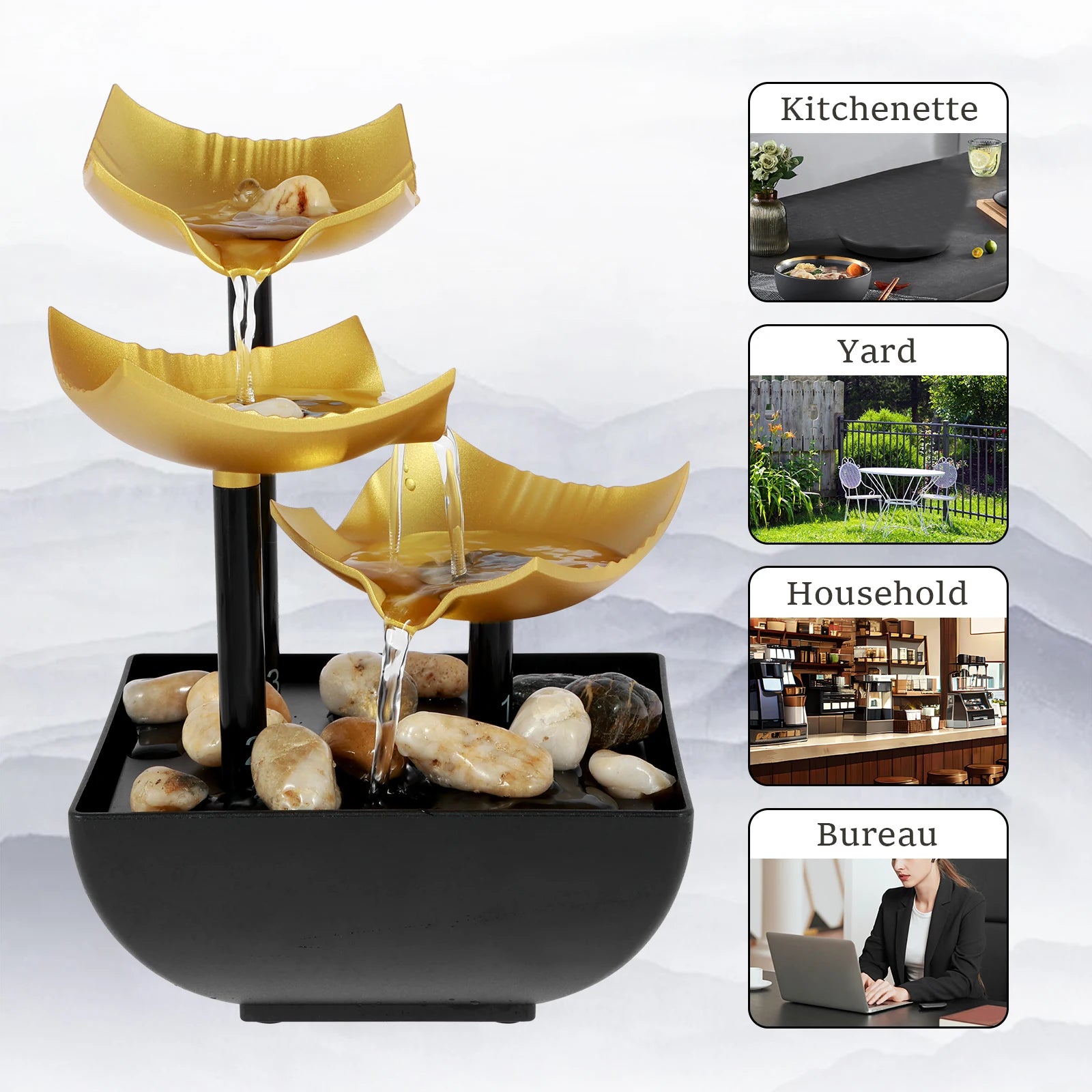 Fontaine de table, petite fontaine cascade, décoration de bureau avec lumière et galets, alimentée par USB, son relaxant, fontaine décorative