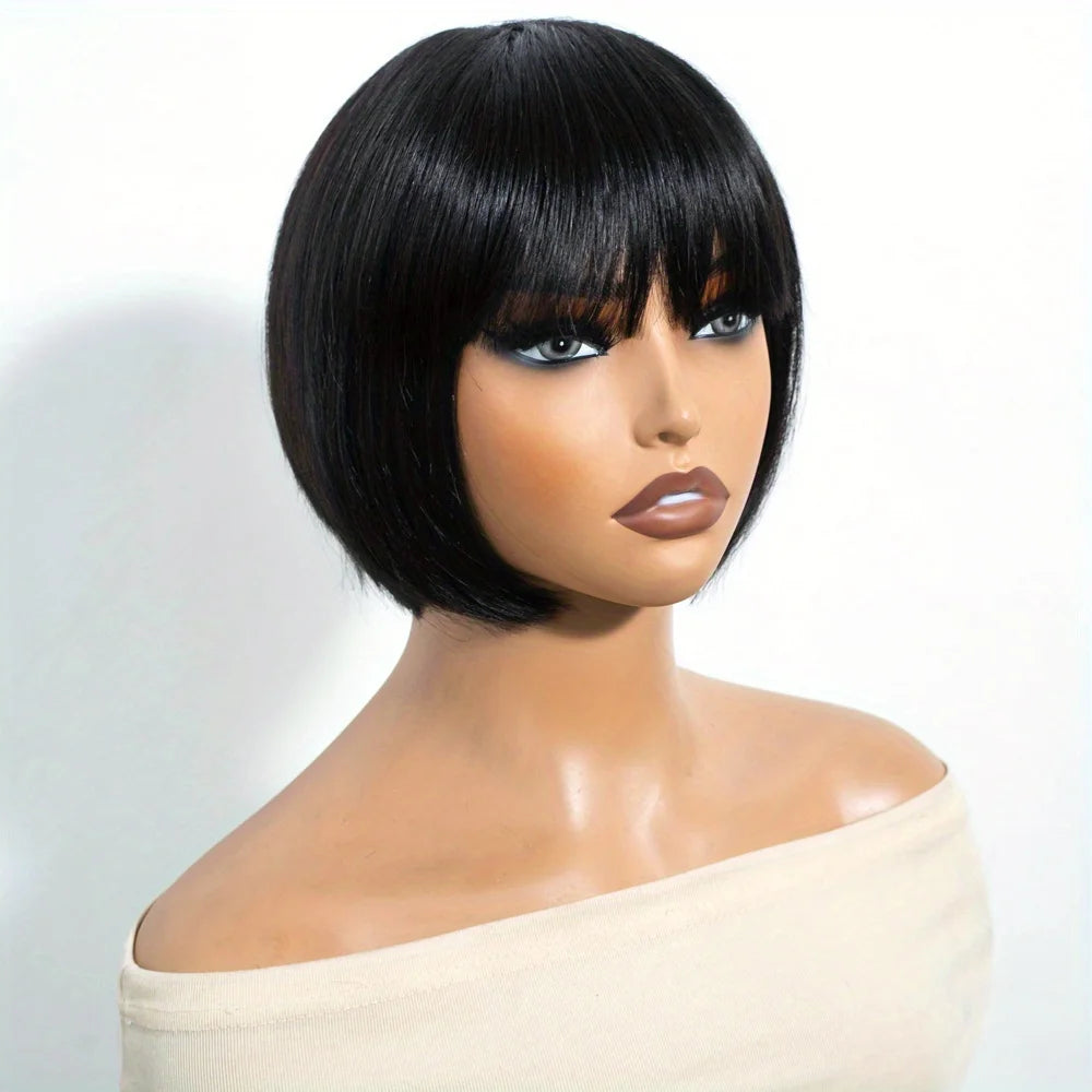 Rebecca Glueless Short Bob Wig with Bangs Dark Brown (1B/30), 8 Inch Natural Look, Machine-Made Human Hair Wig, Everyday Wear