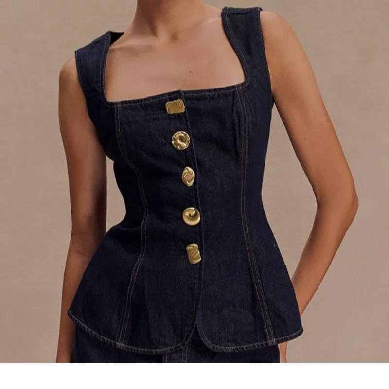 Conjunto de Top y Pantalón de Mezclilla Vintage para Mujer Cuello Cuadrado Camiseta sin Mangas con Botones Vaqueros de Talle Alto Conjuntos Femeninos Moda Y2k 2025 Atuendos de Mezclilla