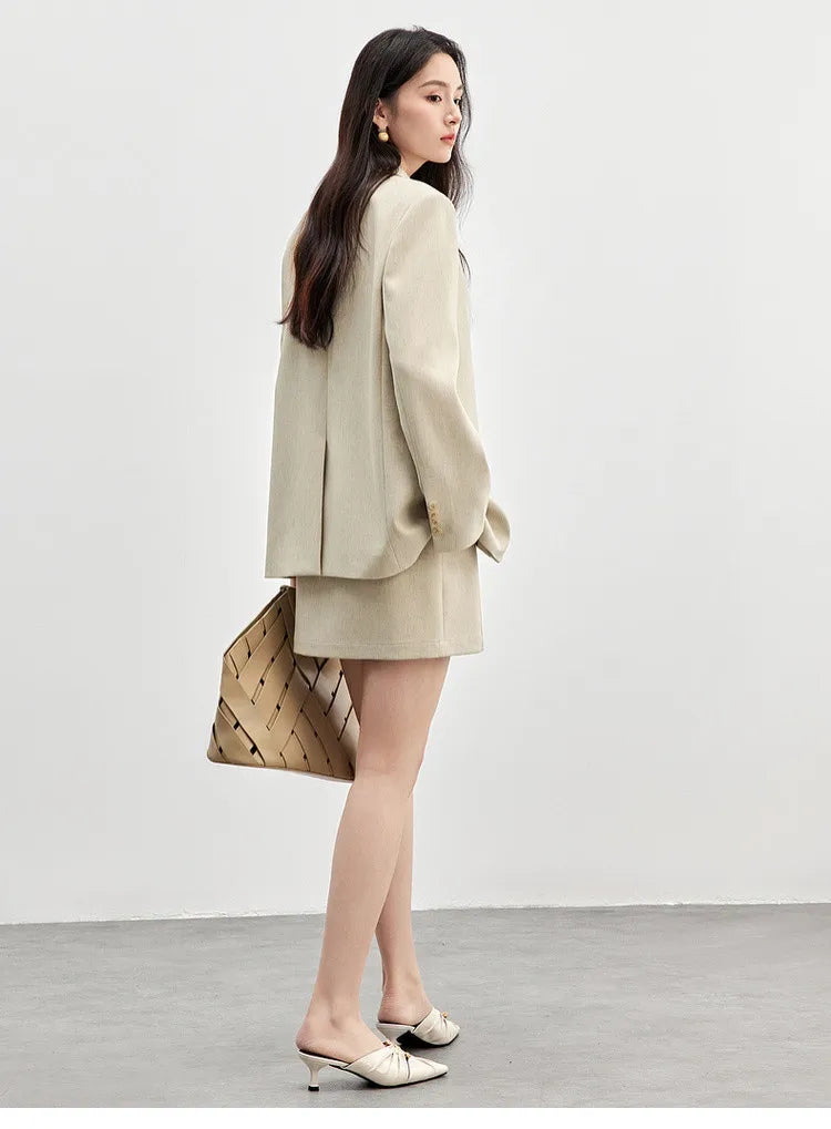 SENTUBILA Trajes de falda para mujer, mezcla de lino, hombreras, blazer de un solo botón, faldas mini sólidas y elegantes, conjuntos de dos piezas 151Z58181