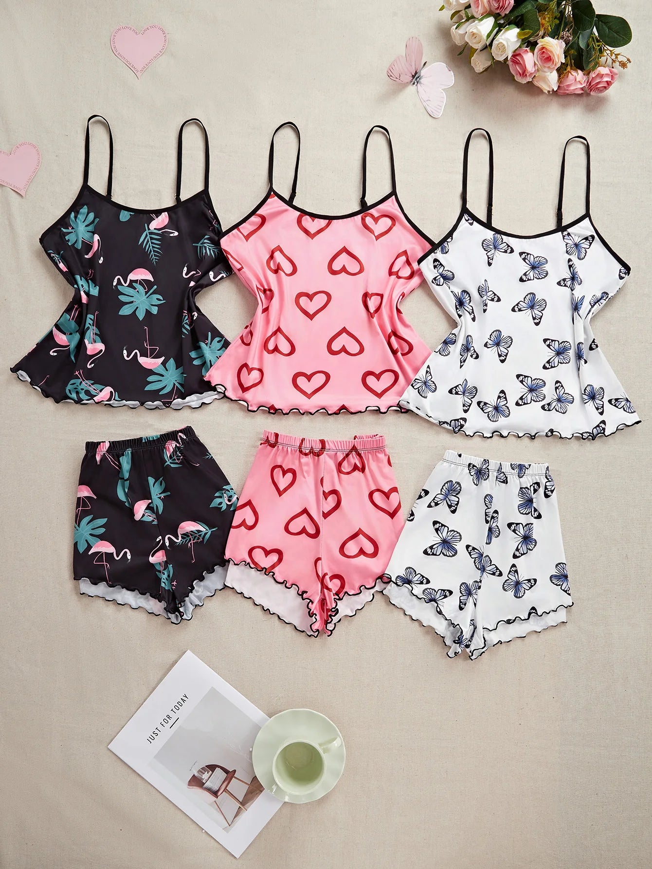 Women's Pajamas Sets Ladies Lounge Wear Cami Top and Shorts Girl's Summer Sleepwear Butterfly Print Top with Pants for Women