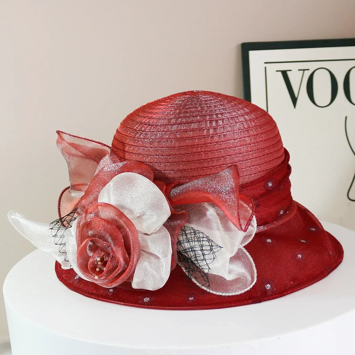 Motehatt Dame Topphatt Elegant Organza Blomst Bred Bremst Solhatt For Damer Retro Stil Fest Bankett Tilbehør Sammenleggbar Strand