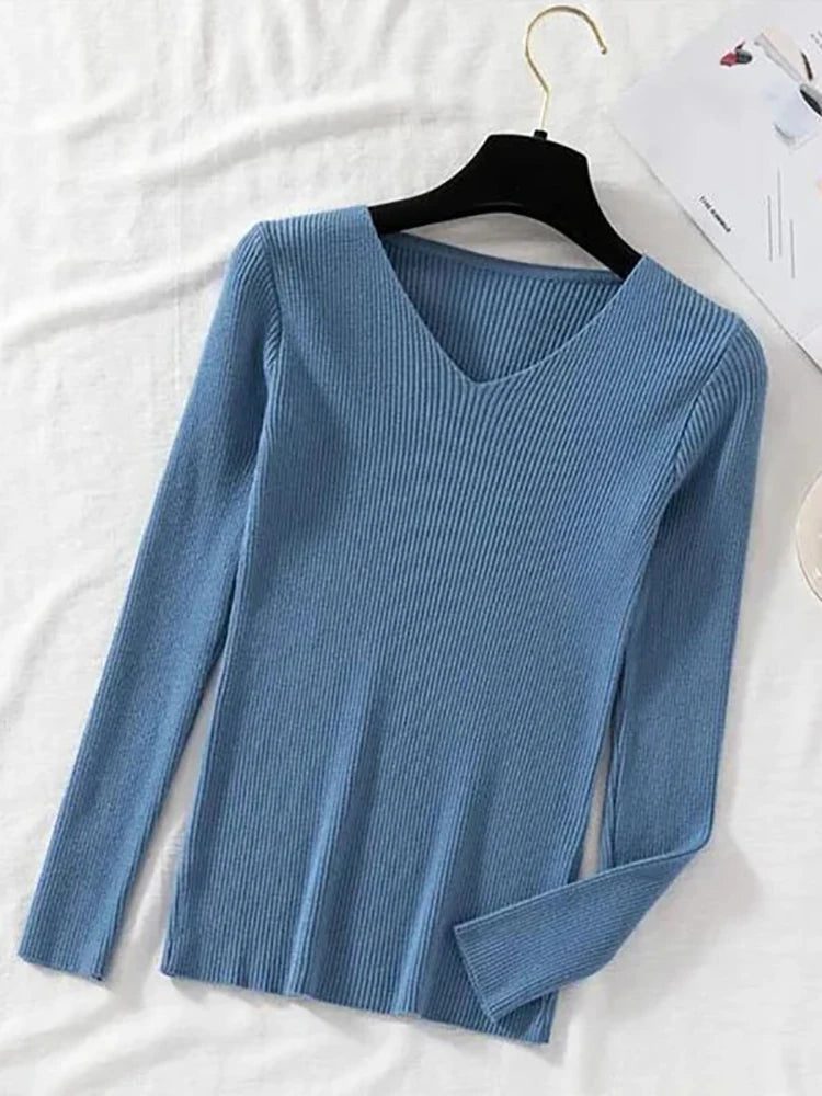 Suéter de mujer nuevo otoño invierno de manga larga jersey básico top de moda cuello en V elástico femenino invierno de punto sólido
