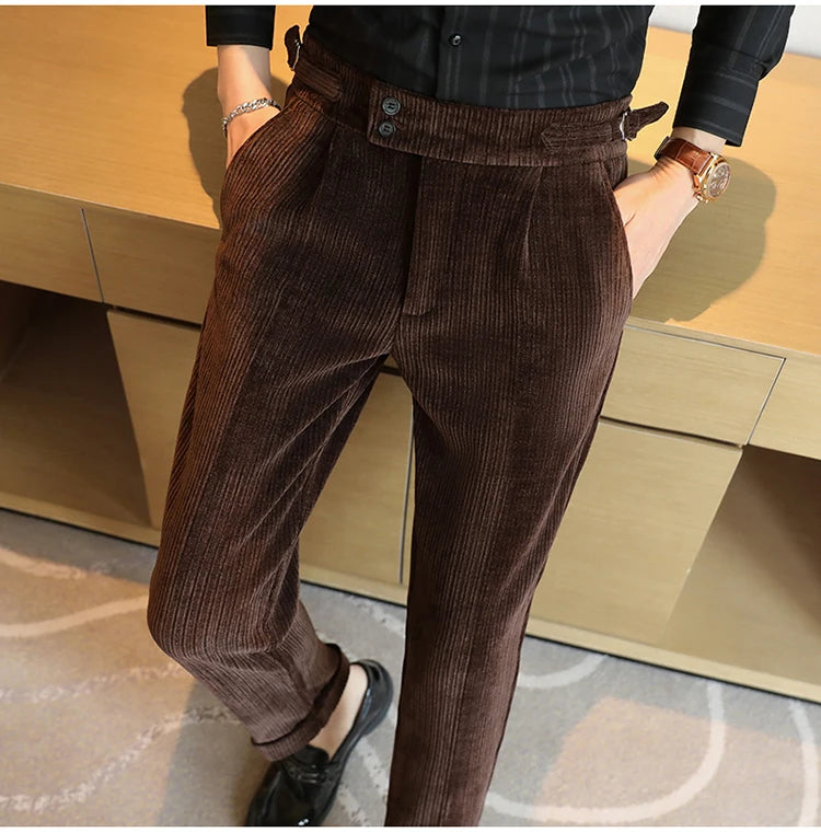 Nuevo pantalón informal de cintura alta de felpilla napolitana de lujo ligero para hombres, pantalón de vestir para hombres de ajuste delgado con sensación premium, pantalón