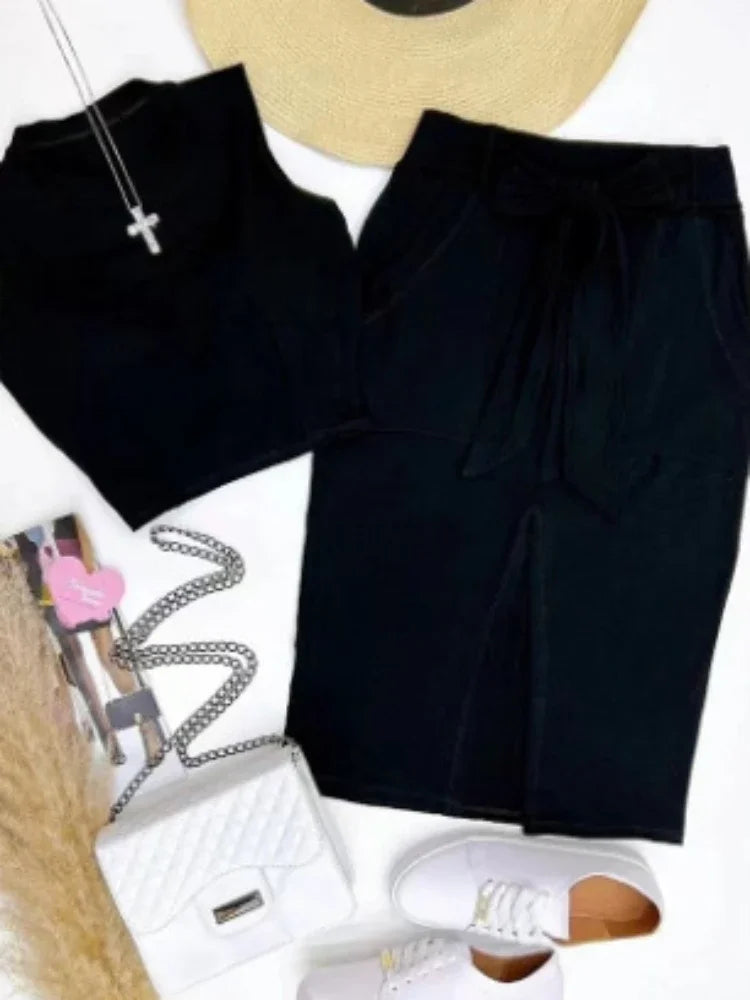 Conjunto de falda para mujer, conjuntos de dos piezas, vestidos ajustados, tops cortos sin mangas con cuello redondo, faldas de largo medio con cordones y cintura alta, empalme.