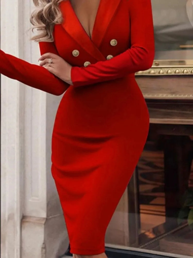 Vestido de mujer sexy con cuello de pico profundo, manga larga y corte ajustado, para otoño e invierno, a la moda, de color liso, con botones, para la oficina, femenino