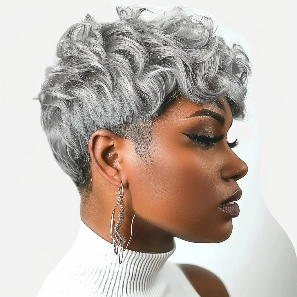 Black women's short elf wig with bangs, layered style, curly synthetic short hair wig, women's short curly wig