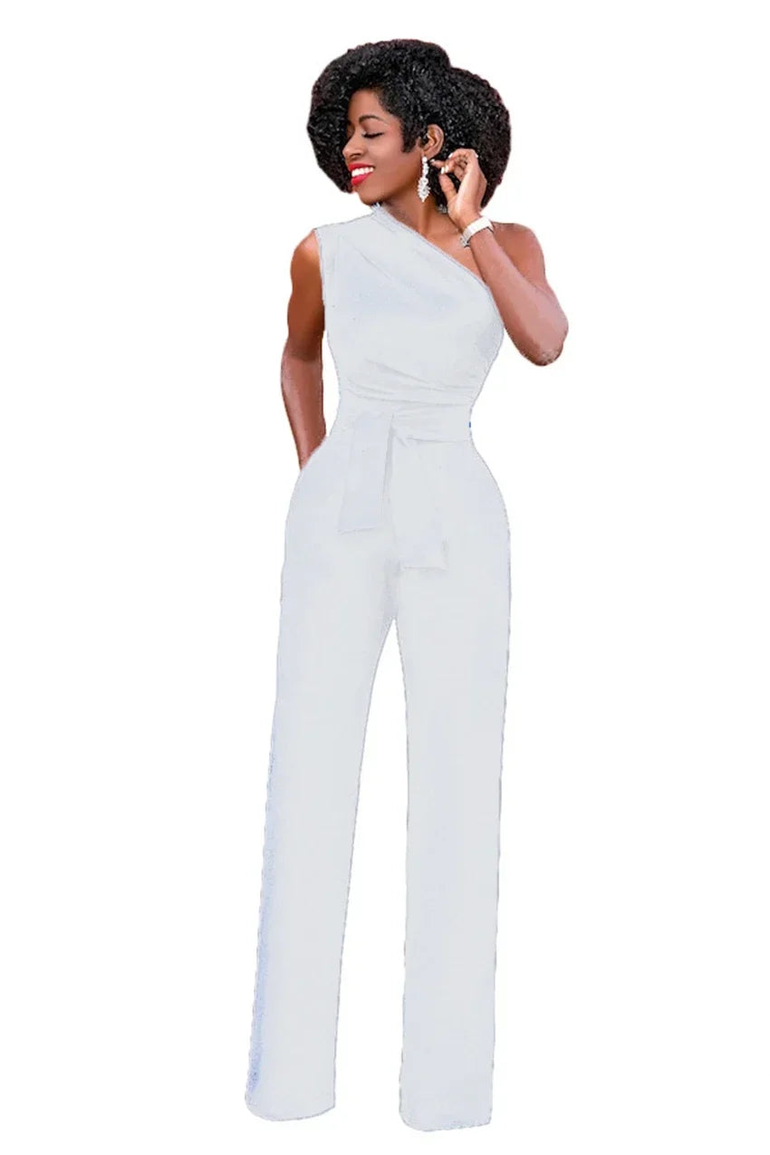 Damejumpsuit Ensfarget Skjev Krage Avskåret Topp Rette Bukser Belte Sexy Ermeløs Løse Bukser Elegant Sjarmerende Playsuits