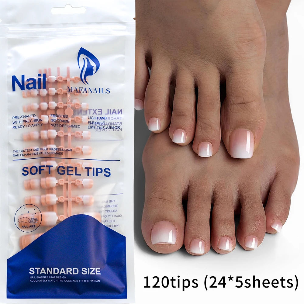 120 uñas postizas francesas para presionar en los pies, uñas postizas cortas cuadradas degradadas en blanco, rosa y nude, puntas de uñas de pie de cobertura completa para bricolaje