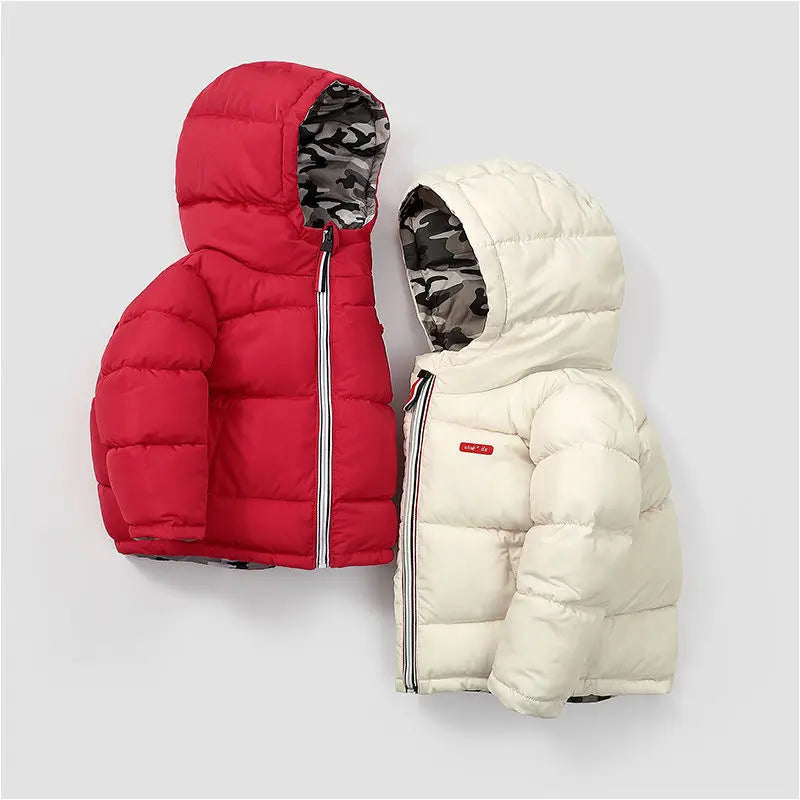 Abrigo de plumón cálido y grueso de invierno para niños, chaquetas que se pueden usar por ambos lados, ropa de abrigo con capucha para bebés y niños pequeños