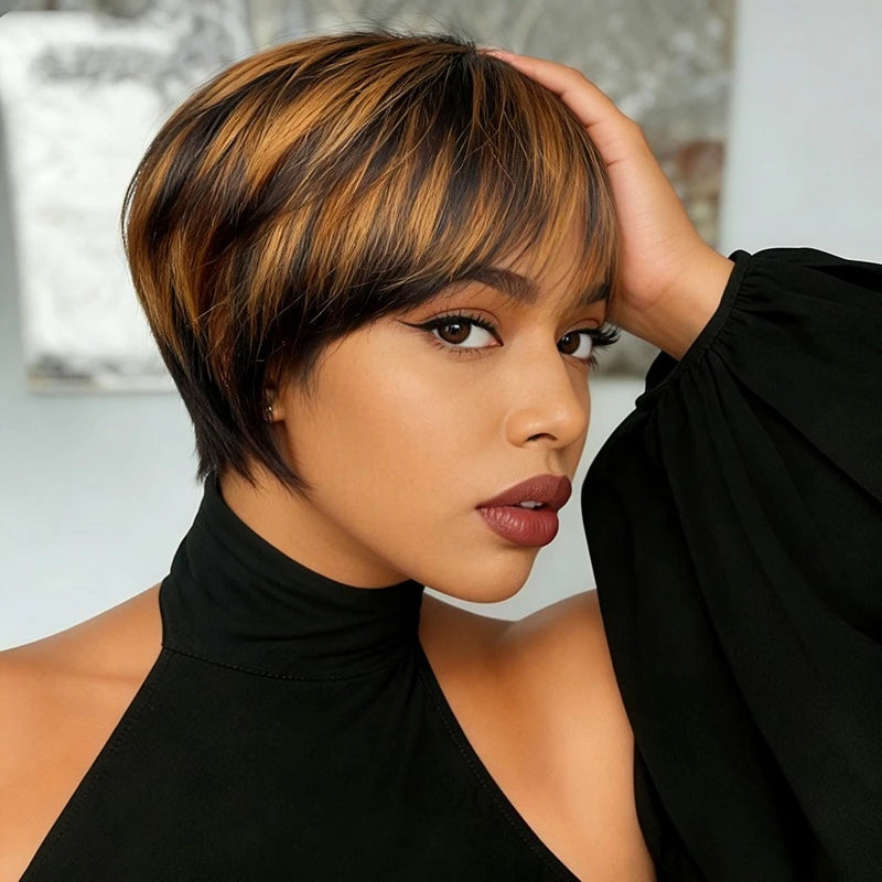 1B/30 Ombre Colored Pixie Cut Straight Human Hair Wig for Women Machine Made Wig Short Layered Straight Wig with Bang