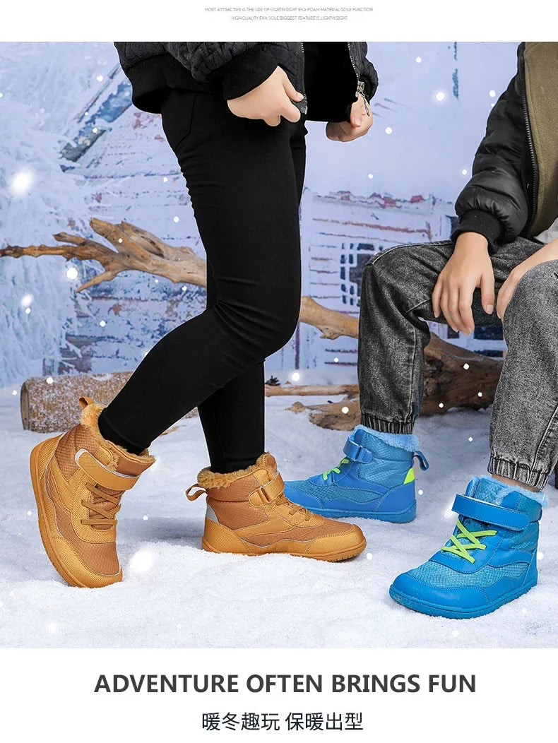 Boys Girls Winter Snow Boots Wide Toe Barefoot Insulated Waterproof Fur Lined Shoes for Kids Cold Weather Outdoor Sneakers