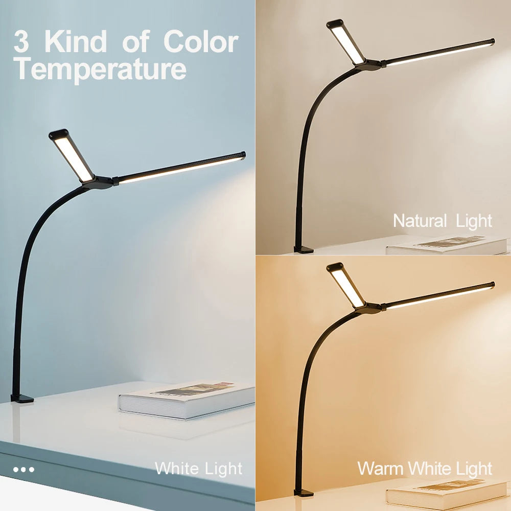 Lámpara de escritorio LED de oficina para el hogar, doble cabezal, atenuación continua, luces de lectura que cuidan la vista, 3 modos de color, lámparas de mesa de PC ajustables y flexibles
