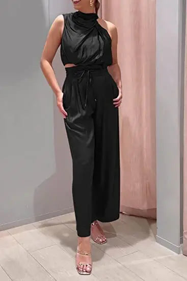 Ensemble deux pièces pour femme, pantalon ouvert au nombril, haut sans manches en soie plissée, pantalon large, ensemble assorti d'été 2024
