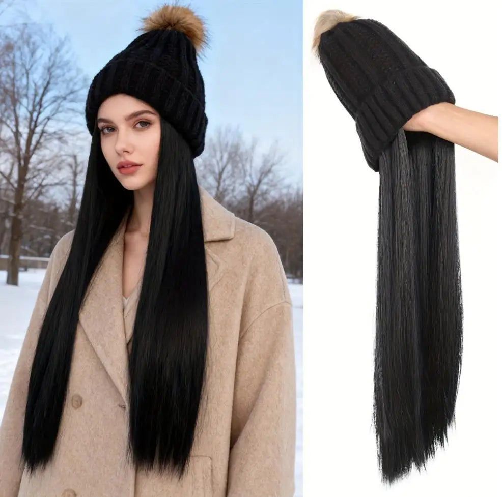 Gorro de punto para mujer, con pelo largo liso, cálido, para invierno, con pelo de fibra sintética negra realista, para clima frío