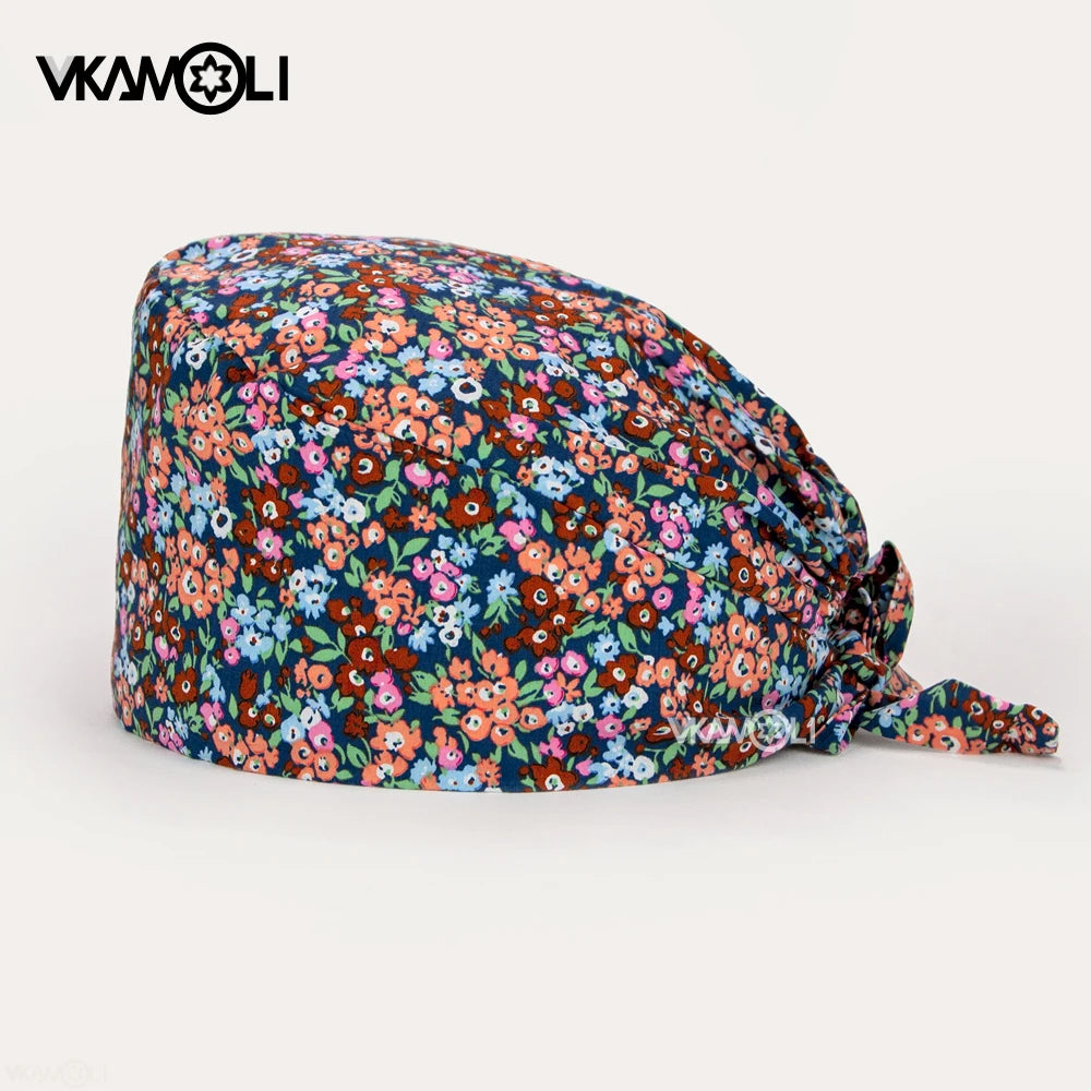 Gorros de enfermería de moda ajustables de algodón con estampado de flores Sombreros ajustables de alta calidad que absorben el sudor Gorro elástico multicolor