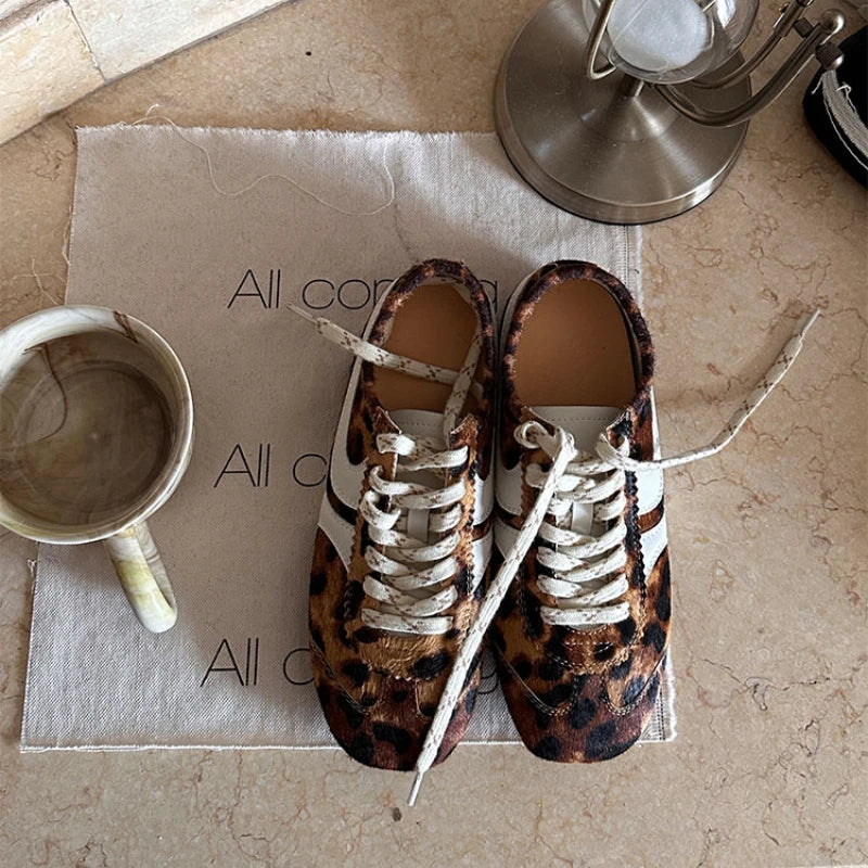 Women's sports shoes genuine leather women's shoes fashion retro leopard print German training shoes ins sports casual shoe