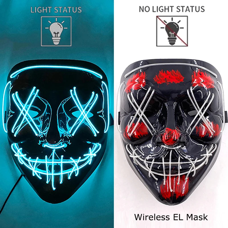 Máscara de purga LED de neón inalámbrica, que brilla en la oscuridad, máscara de cosplay de terror para Halloween, máscaras de fiesta de disfraces, accesorios luminosos divertidos