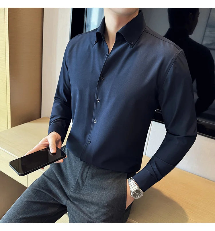 Camisa de vestir de hombre Otoño Estilo británico Liso Casual Ajustado Formal Camisas Cuello en V Manga Larga Camisa Ropa de hombre Streetwear