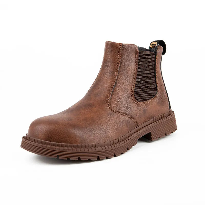 Zapatos de seguridad impermeables para hombre, botas de cuero con punta de acero, calzado masculino, botas de trabajo de construcción indestructibles, color marrón