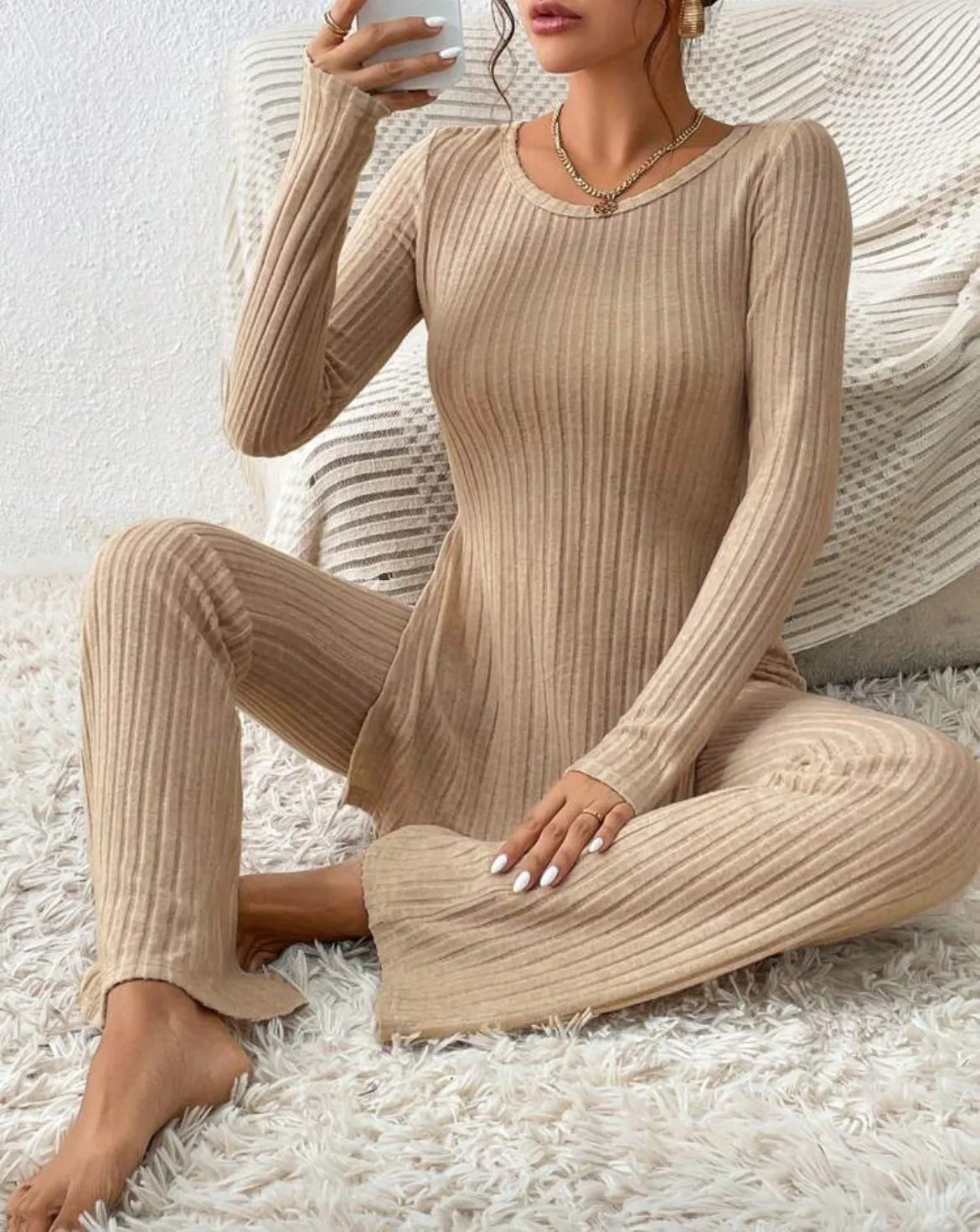 Ropa de Mujer Otoño Invierno Nuevo Estilo Color Sólido Sexy Casual Manga Larga Cuello Redondo Rajado Moda Temperamento Conjunto de Dos Piezas