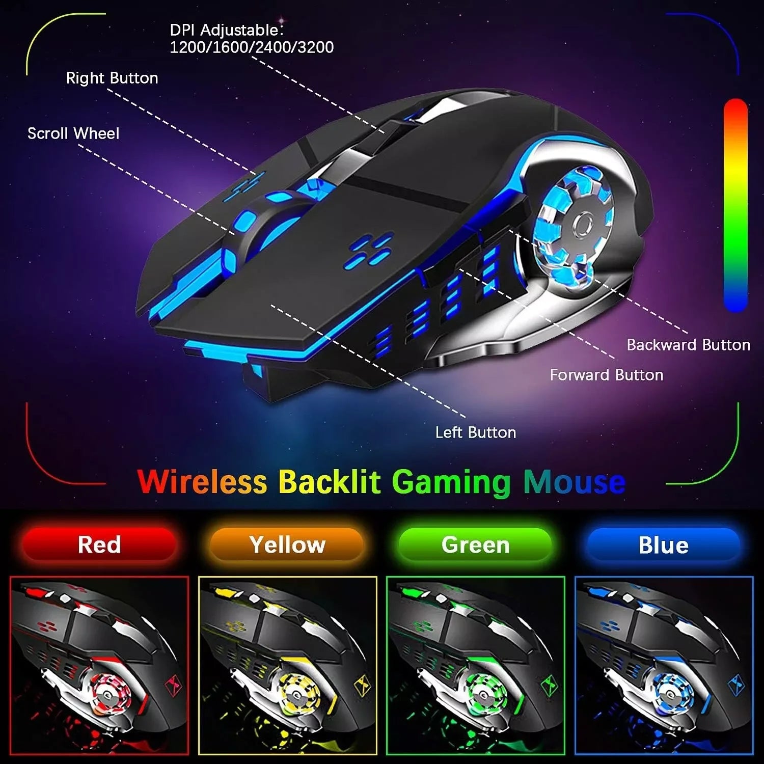 Teclado y ratón inalámbricos para juegos con retroiluminación arcoíris/RGB, teclado recargable y ratón para juegos de 7 colores silencioso con alfombrilla