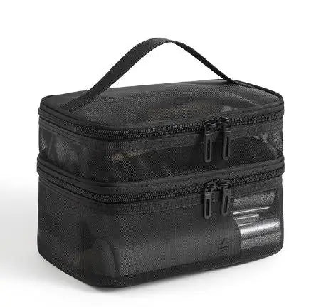 Trousse de maquillage en maille double couche, trousse de toilette, sac de rangement portable grande capacité pour femme, sac de rangement pour cosmétiques
