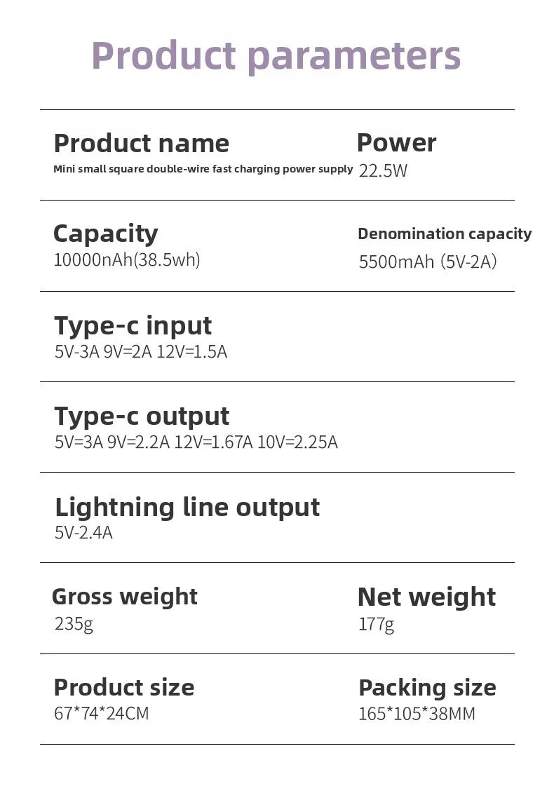 10000 mAh powerbank 22,5 W superrask lading, kompakt og bærbar med egen kabel, Mini 3C-sertifisert mobil strømforsyning.