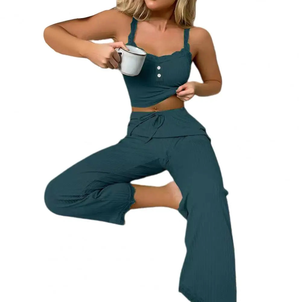 Conjunto de pijama casual sexy para mujer, de verano, de encaje, pantalones largos, sexy, de dos piezas, pantalones largos, conjunto de pijama para estar en casa