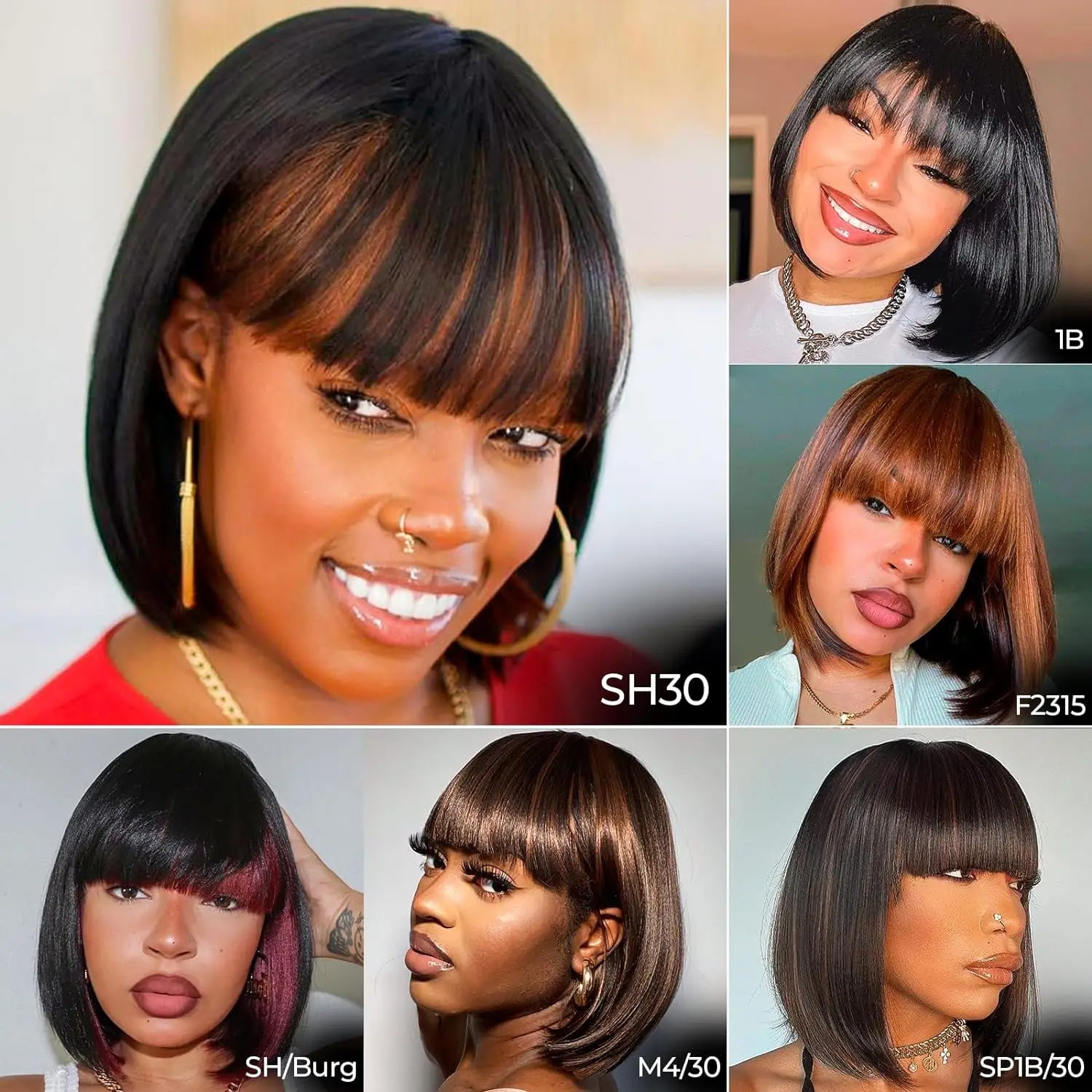 Bob Wig With Bangs - 14 Inch Peek-a-boo Color Short Bob Wig For Black Women Black Mix Brown Daily Costume Wigs, Light Synthetic
