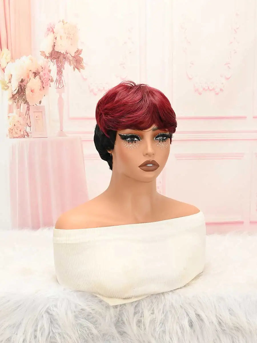 Red Black Ombre Layered Short Pixie Wig Bang Heat Resistant Synthetic Women Party Wig