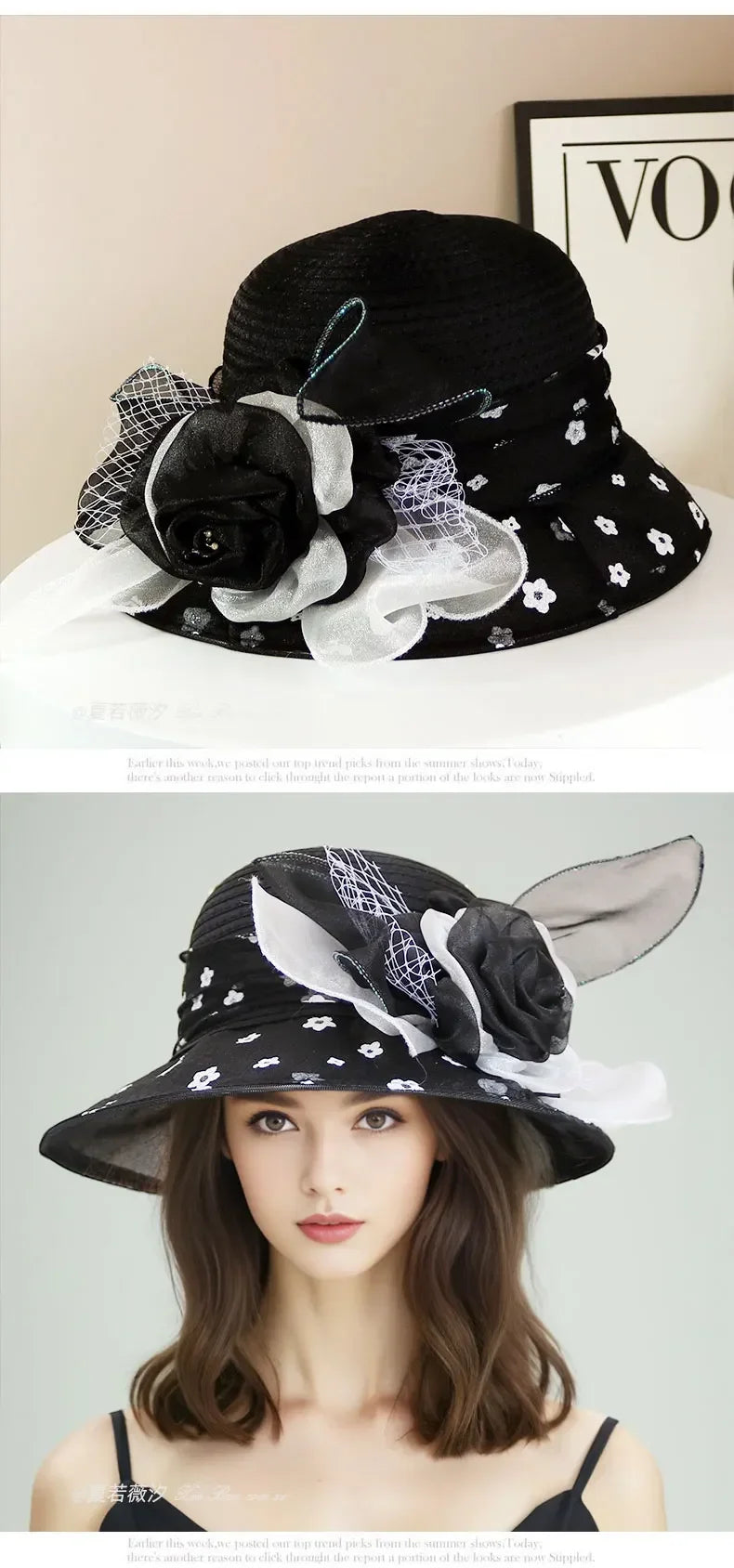 Sombrero de moda para mujer, elegante, de organza, con flor, ala ancha, para el sol, estilo retro, accesorio para fiesta o banquete, plegable para la playa