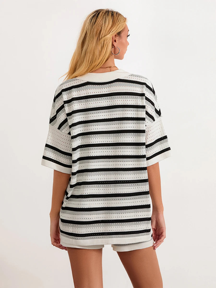 Conjunto de Pijama de Mujer de 2 Piezas Trajes de Salón Verano Rayas Contraste de Color Botón Tops de Punto de Ganchillo y Pantalones Cortos Conjuntos de Salón Playa