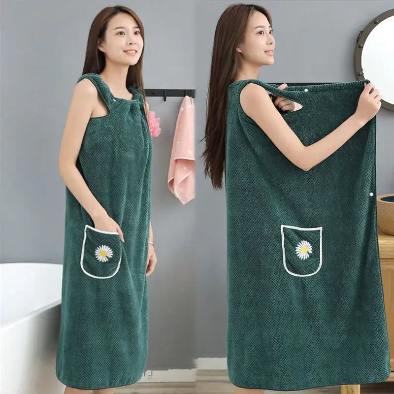 Toalla de baño para el hogar, ropa de mujer, adultos, absorbente de agua, de algodón puro, para secar el cabello, falda, estilo largo, bata de baño lavable