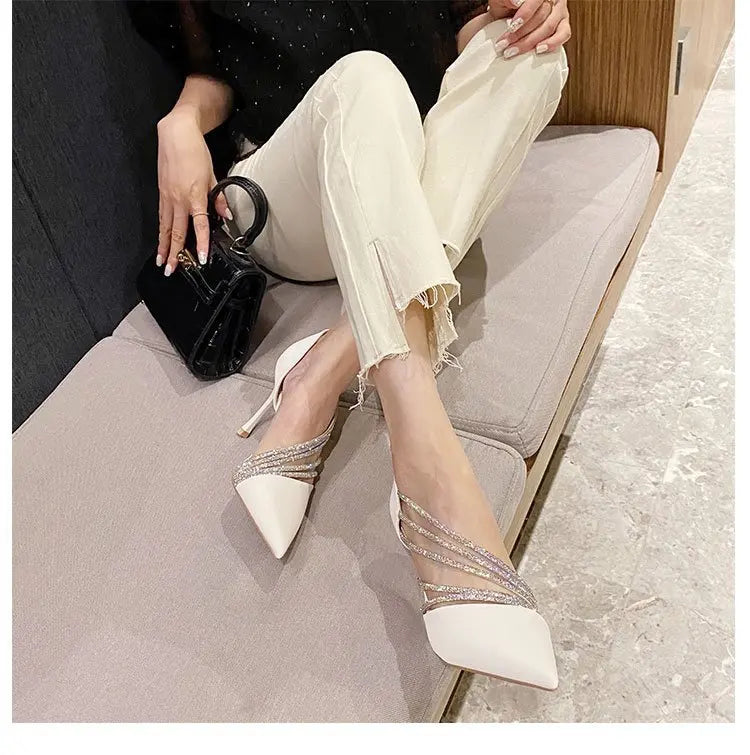Zapatos de tacón alto para fiesta de noche de mujer, nuevos zapatos de salón elegantes para mujer, de punta, negros, con tiras, para mujer