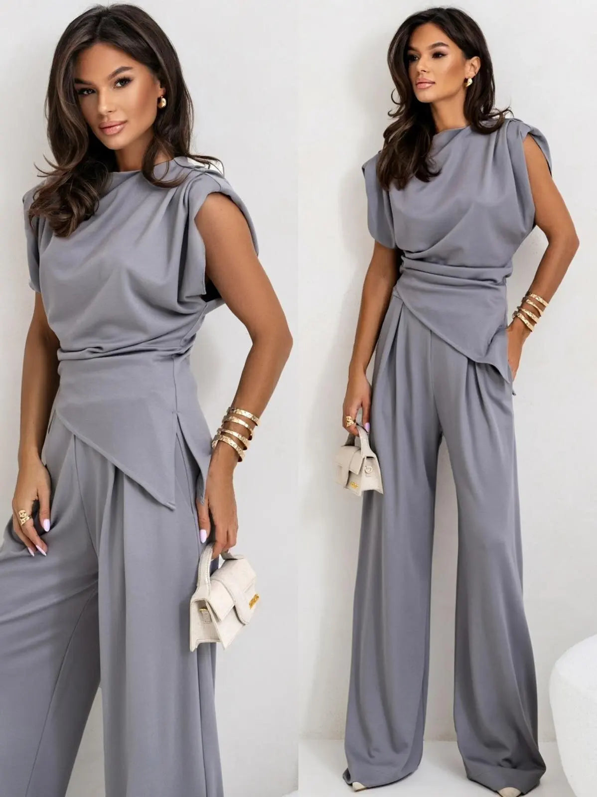 Traje de pantalones plisados asimétricos para mujer, blusa sexy sin mangas, pantalones de pierna recta de talle alto con bolsillos, conjunto de moda nuevo para verano