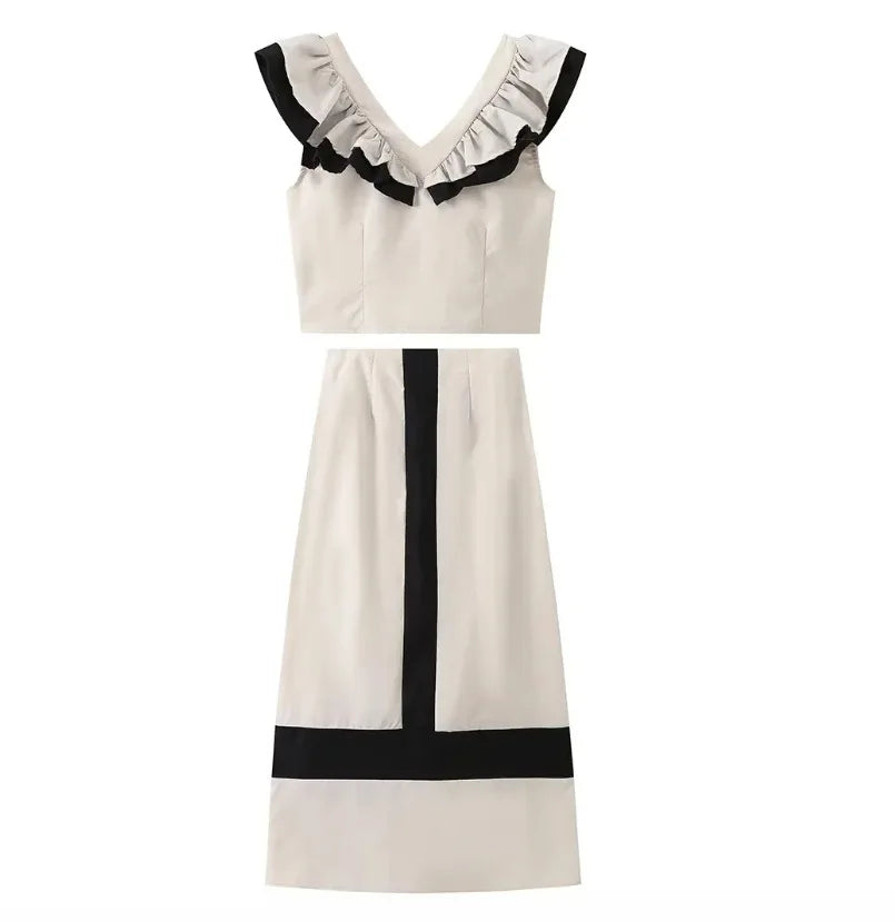 Elegantes Conjuntos de Falda para Mujer Cuello de Pico Manga Volante Top Contraste Falda de Cintura Alta Femenina Conjunto de 2 Piezas Vacaciones 2024 Traje de Falda sin Mangas