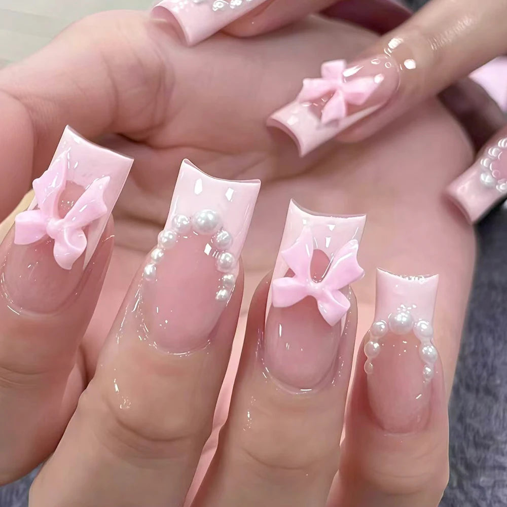 24Pcs 3D Stereo Bow Pearl French False Nails Pink Long Coffin Wearable Ballerina Fake Nails Full Cover Acrylic Press on Nail Tip