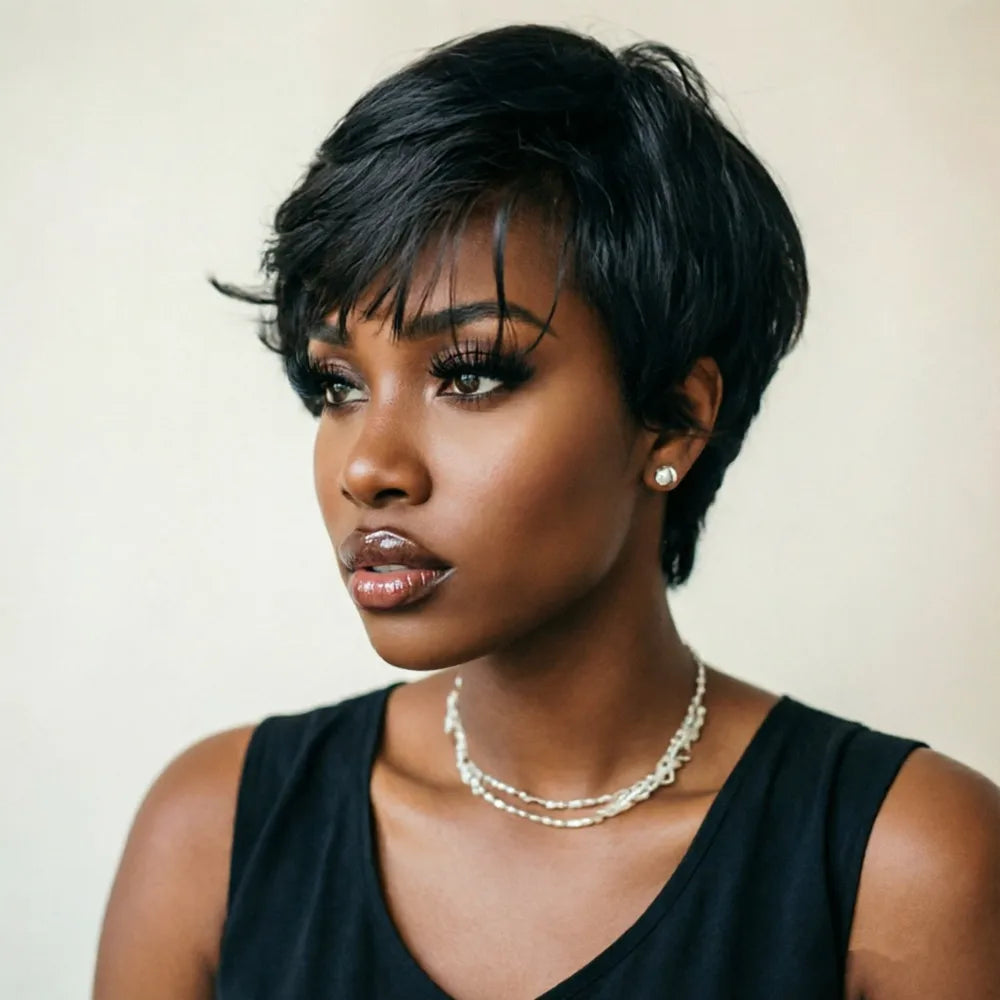 short straight Pixie Cut human hair Wig 6Inch 150% Density Basic Style for Daily machine made Women'S Chic Retro
