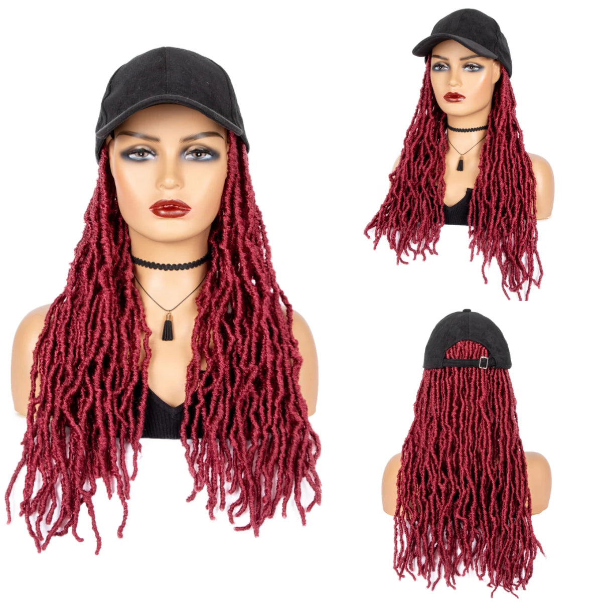 Peluca de gorra con trenzas tipo locs color borgoña